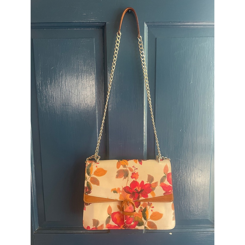 Leather Fall Floral Watercolor Print Shoulder Bag with Chain Strap Italian Made